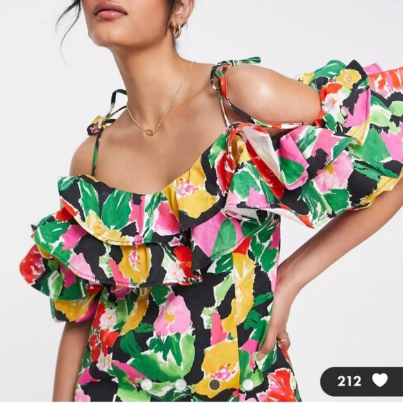 TopShop Bardot Cotton Blend Colorful Floral Ruffle Off the Shoulder Dress - Picture 6 of 9